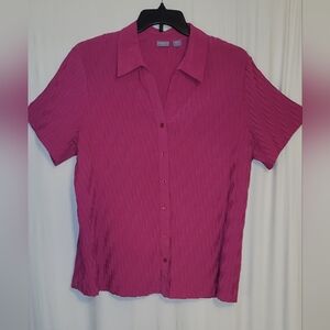 Laura Scott Blouse 1X Pink Textured Button-Up Blouse